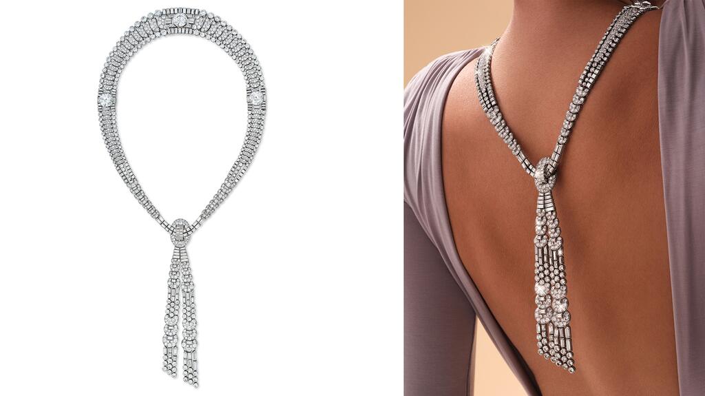 The Van Cleef & Arpels tie necklace being offered as part of Sotheby’s “Magnificent Jewels” sale is composed of graduated links set with diamonds of various cuts, and the elongated tassel motifs rotate in part for various types of wear. Van Cleef & Arpels diamond tie necklace 1929